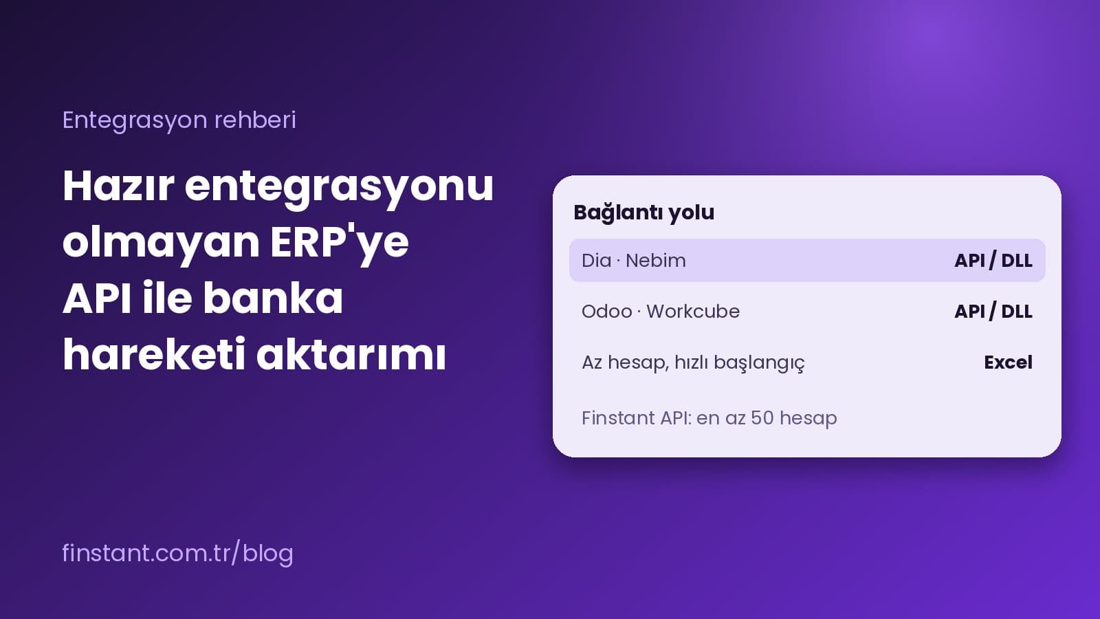 Hazır entegrasyonu olmayan muhasebe ya da ERP programına (Dia, Nebim, Odoo, Workcube) banka hareketleri API ile nasıl aktarılır? Adım adım süreç, eşleştirme kuralları ve Excel seçeneği. Hazır Entegrasyonu Olmayan ERP'ye Banka Hareketi API ile Nasıl Aktarılır? (Dia, Nebim, Odoo, Workcube)